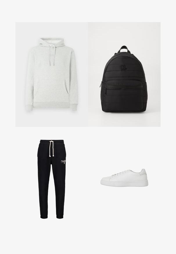 Hellgrauer Hoodie mit einer Kordelzugkapuze, Taschen vorne, gerippten Bündchen und Saum, sowie einem dezenten, eingeprägten Logo auf der Brust.; Schwarze Baumwoll-Sweatpants mit elastischem Bund, Kordelzug und Seitentaschen. Mit weißem Drucktext auf dem linken Oberschenkel.; Weiße Sneaker aus glattem Leder mit runder Zehenpartie, gesteppten Details und einer flachen Gummisohle. Minimalistisches Design mit Schnürung.; Schwarzer gepolsterter Rucksack mit runder Form, ausgestattet mit einer Frontreißverschlusstasche, strukturiertem Stoff und einem Tragegriff an der Oberseite. Logo auf der Vorderseite eingeprägt.