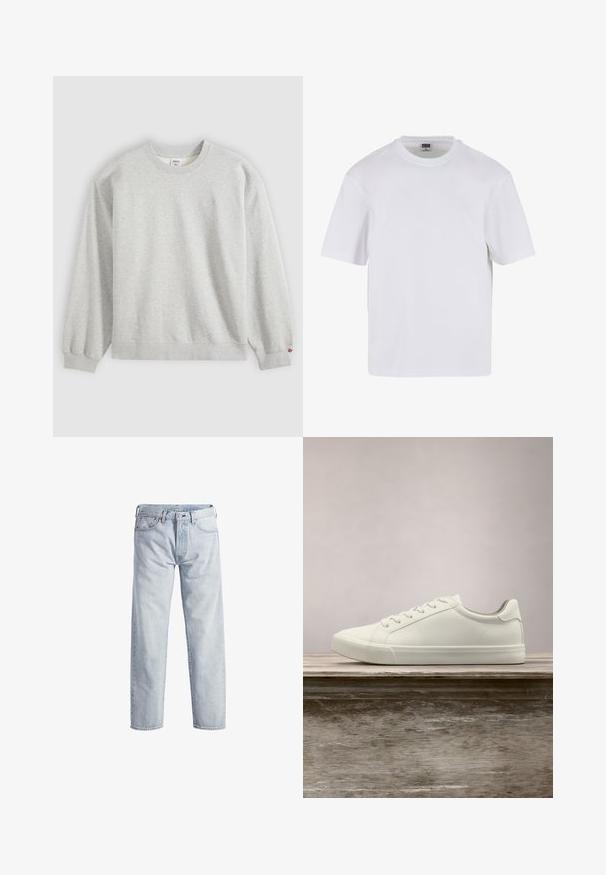 Sudadera de cuello redondo gris claro con mangas largas, puños y bajo acanalados, y pequeño logo de la marca en el pecho y la manga izquierda.; Camiseta blanca de manga corta hecha de algodón. Presenta un cuello redondo y un ajuste holgado. Textura suave, diseño minimalista, sin patrones ni adornos.; Vaqueros de mezclilla de color azul claro con un diseño de pierna recta, cierre de botón, cinco bolsillos y una textura de desgaste sutil. Presenta detalles de metal.; Zapatilla blanca con cordones flotando sobre un banco de madera con follaje verde al fondo, mostrando el diseño y la textura del zapato.