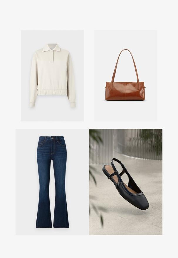 Pull beige à manches longues avec col, patte de boutonnage à l'avant, poignets côtelés et ceinture élastique sur un fond uni.; TOM TAILOR STELLA denim bleu foncé; Chaussure plate slingback en cuir noir avec un orteil carré, dotée d'un fini verni brillant et de sangles ajustables pour un maintien sécurisé.; Sac à main rectangulaire en cuir marron avec deux longues bandoulières, finition lisse et brillante, au design minimaliste sur un fond uni.