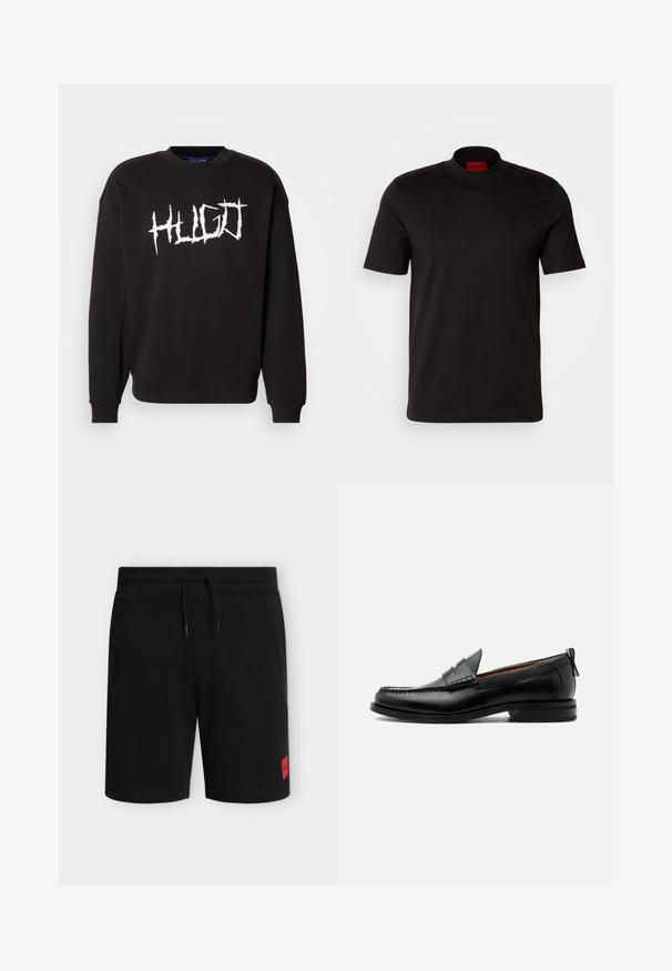 Sort sweatshirt lavet af bomuld, med en rund halsudskæring og lange ærmer. Hvid "HUGO" logo i graffiti stil på forsiden.; Sort kortærmet t-shirt med høj hals design. Fremstillet af glat stof. Har et rødt mærke på indersiden af kraven.; Sorte knælange shorts med elastisk taljebånd og snøre, med en lille rød rektangulær logo-patch på venstre underben.; Sort læder herre loafer med moc-tå syning, penny strop, struktureret krave og lav stablet hæl på hvid baggrund.
