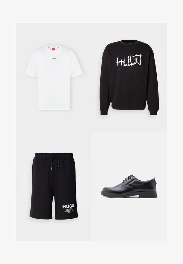 Sort sweatshirt lavet af bomuld, med en rund halsudskæring og lange ærmer. Hvid "HUGO" logo i graffiti stil på forsiden.; Hvid T-shirt med korte ærmer med lille sort "HUGO" logo centreret på brystet og et rødt mærke inde i kraven.; Sorte bomuldsbukser med elastisk talje og snor. Hvid "HUGO" logo på venstre ben. Enkel design, knælængde.; Sorte snørestøvler i læder med glat tekstur, rundet tå og diskrete syningsdetaljer. Har en rød trækflig på hælen.