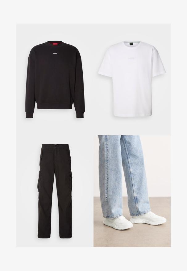 Sweatshirt noir en mélange de coton, avec un col rond, des épaules tombantes et un petit logo blanc "HUGO" sur la poitrine.; T-shirt en coton blanc à manches courtes, col rond, avec un logo « BOSS » en relief sur la poitrine. Texture lisse, coupe standard.; Pantalons cargo noirs avec une coupe droite, une taille élastique, plusieurs poches latérales et un tissu texturé pour plus de durabilité.; Baskets blanches de sport au design lisse et moulé avec des semelles texturées, assorties à un jean en denim bleu clair, ample.