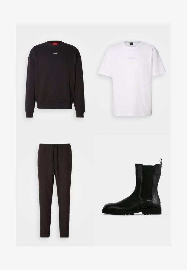 Sweatshirt noir en mélange de coton, avec un col rond, des épaules tombantes et un petit logo blanc "HUGO" sur la poitrine.; T-shirt en coton blanc à manches courtes, col rond, avec un logo « BOSS » en relief sur la poitrine. Texture lisse, coupe standard.; Pantalon de jogging noir en tissu doux, avec une taille élastique et un cordon de serrage, des jambes fuselées et sans motifs ni embellissements visibles.; Bottine en cuir noir avec un panneau latéral élastique, une semelle épaisse et une languette à l’arrière, featuring un petit logo doré "Hugo" près du talon.