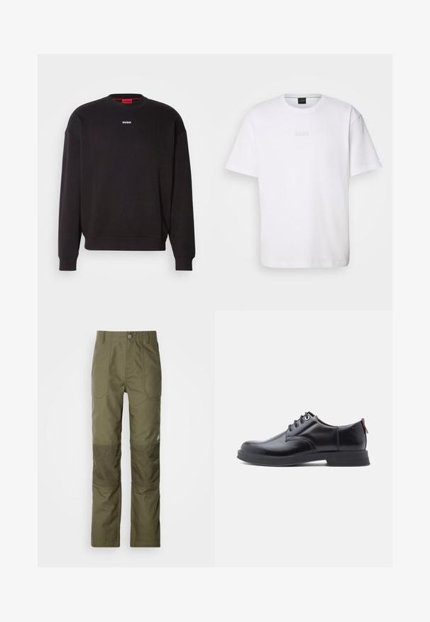 Sweatshirt noir en mélange de coton, avec un col rond, des épaules tombantes et un petit logo blanc "HUGO" sur la poitrine.; T-shirt en coton blanc à manches courtes, col rond, avec un logo « BOSS » en relief sur la poitrine. Texture lisse, coupe standard.; Pantalons vert olive avec une coupe droite, présentant des renforts aux genoux, deux poches avant et une fermeture à bouton à la taille.; Chaussures en cuir noir à lacets avec une texture lisse, un bout arrondi et des détails de couture discrets. Présentent une languette rouge à l'arrière.