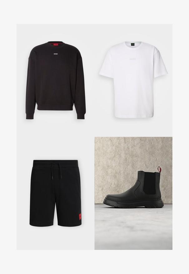 Schwarzes Sweatshirt aus Baumwollmischung mit Rundhalsausschnitt, überschnittenen Schultern und einem kleinen weißen "HUGO"-Logo auf der Brust.; Weißes Baumwoll-T-Shirt mit kurzen Ärmeln, rundem Ausschnitt und geprägtem "BOSS"-Logo auf der Brust. Glatte Textur, normale Passform.; Schwarze knielange Shorts mit elastischem Bund und Kordelzug, mit einem kleinen roten rechteckigen Logo-Patch am unteren linken Bein.; Schwarze Knöchelstiefel mit glatter Oberfläche, elastischen Seitenpaneelen und einem kontrastierenden roten Zuglasche, ausgestattet mit einer dicken Gummisohle und einer runden Zehenpartie.