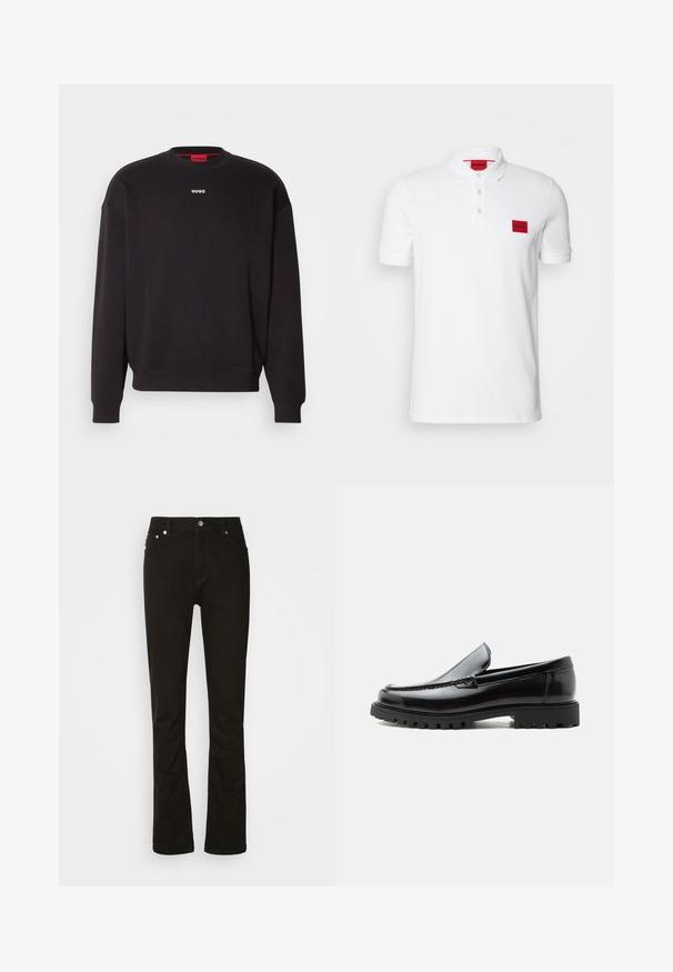 Sweatshirt noir en mélange de coton, avec un col rond, des épaules tombantes et un petit logo blanc "HUGO" sur la poitrine.; Polo shirt blanc en coton, doté d'un col à trois boutons, de manches courtes et d'un patch rectangulaire rouge sur la poitrine gauche.; Jeans en denim noir au design droit, avec poches avant, braguette zippée et accents en métal argenté. Texture lisse, sans motifs.; Mocassin en cuir noir avec semelle en caoutchouc épaisse, dessus cousu et nom de marque embossé sur le talon, présenté de profil sur fond blanc.