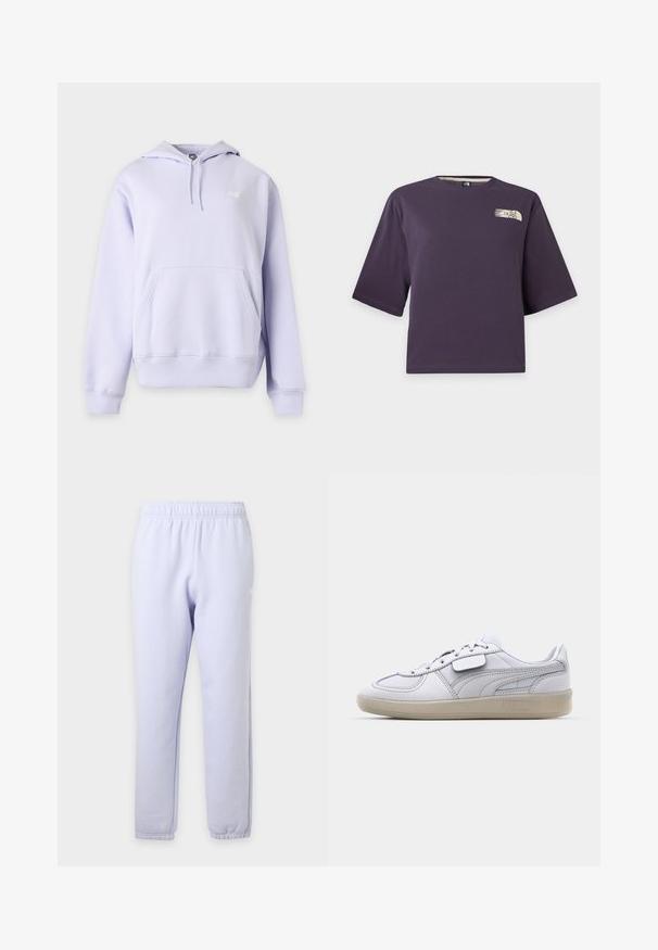 Lichtpaarse capuchontrui met voorzak, trekkoorden aan de capuchon, geribde boorden en een klein logo op het linkerborstgebied.; Paarse korte mouw crop top met een klein beige The North Face-logo op de bovenste linkerborst.; Lichtpaarse joggingbroek met elastische taille en elastische boorden, weergegeven tegen een effen lichte achtergrond.; Witte leren sneaker met grijze accenten, vetersluiting en een gestructureerde rubberen zool. Heeft een opvallend logo aan de zijkant.