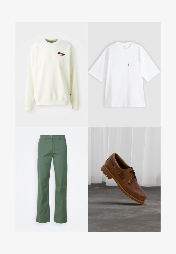 Sweatshirt couleur crème en tissu doux, présentant un col rond et des poignets côtelés. Affiche un logo bordeaux sur le côté gauche de la poitrine.; T-shirt en coton blanc à manches courtes, col rond et poche poitrine gauche. Comprend une petite étiquette logo rouge sur la poche.; Pantalon en coton vert avec une coupe droite, doté d'une fermeture à bouton sur le devant et de poches latérales. Texture lisse et sans motifs.; Chaussure de bateau en cuir marron avec des lacets noirs, des coutures beiges et une semelle robuste, suspendue au-dessus d'un sol en béton gris.