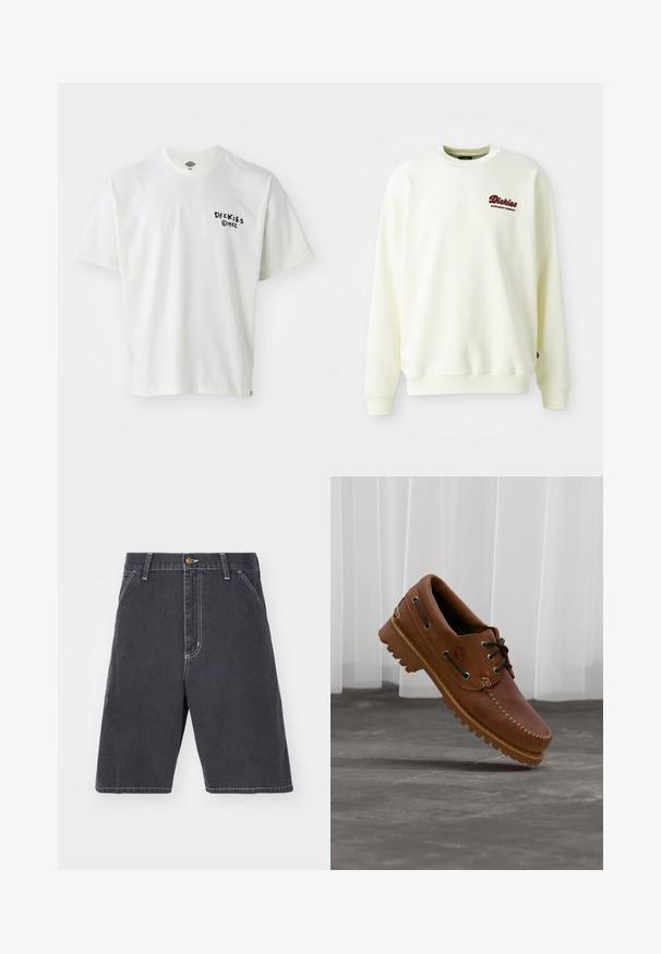 Cremefarbener Sweatshirt aus weichem Stoff, mit Rundhalsausschnitt und gerippten Bündchen. Zeigt ein kastanienbraunes Logo auf der linken Brust.; Kurze Ärmel, weißes T-Shirt aus Baumwolle mit Rundhalsausschnitt. Mit einem schwarzen Drucklogo auf der linken Brust und einem kleinen Etikett am Saum.; Dunkelgraue Denim-Shorts mit lockerer Passform, die einen Knopfverschluss, Gürtelschlaufen und dezente weiße Nähte aufweisen. Keine sichtbaren Taschen.; Brauner Leder-Bootsschuh mit schwarzen Schnürsenkeln, beigen Nähten und einer robusten Sohle, schwebt über einem grauen Betonboden.