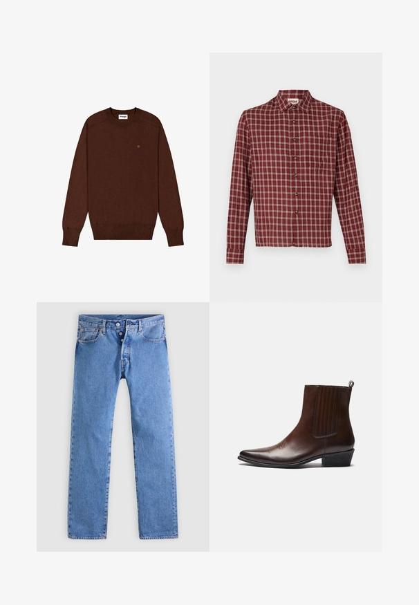 Wrangler REGULAR FIT - Striktrøje - mahogany; Rødternet langærmet skjorte med spids krave, knaplukning og brystlomme. Materialet virker blødt med en let struktur.; Lyseblå denimjeans med et lige ben design, fem lommer og to-knaps lynlås. Har minimal falmen og kontrastsyning.; Brun læder ankelstøvle med spids tå, elastiske sidepaneler, tekstureret detaljer på fronten og en lav stablet hæl.