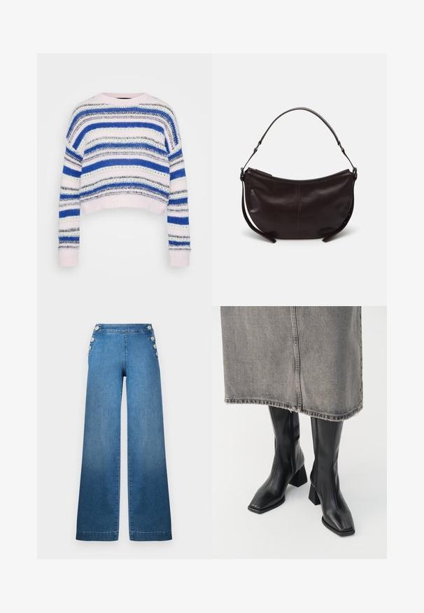 Sudadera a rayas en azul, blanco y gris con un diseño cropped; cuenta con puños y dobladillo acanalados; fabricada en material de punto suave.; Pantalones de mezclilla azul de pernera ancha con cintura alta, acentos laterales abotonados y bajo recto. La tela tiene una textura suave con ligero desgaste.; Botas negras hasta la rodilla de cuero liso con punta cuadrada y tacón cuadrado. Llevadas con una falda de mezclilla gris con dobladillo desflecado.; Bolso de hombro de cuero marrón oscuro con forma curvada, textura suave y una sola correa ajustable. Cuenta con un cierre de cremallera.