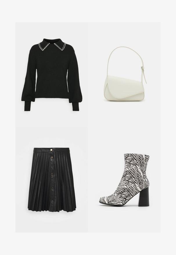 JDY JDYAUBRAY LIFE - Svetrík - black; VILA VIAMINA BUTTON SKIRT - Minisukňa - black; Even&Odd Klasické členkové čižmy - black; Biela kabelka z umelého kože so štruktúrovaným trojuholníkovým tvarom, jedným nastaviteľným popruhom a prekrytím so zakriveným akcentom.
