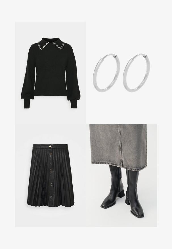 JDY JDYAUBRAY LIFE - Strickpullover - black; VILA VIAMINA BUTTON SKIRT - Minirock - black; Schwarze knielange Stiefel aus glattem Leder mit quadrater Zehenpartie und Blockabsatz. Getragen mit einem grauen Jeansrock mit ausgefranstem Saum.; Silberne Creolen, kreisförmig, mit glatter, glänzender Oberfläche und gleichbleibender Breite. Minimalistisches Design ohne zusätzliche Akzente.