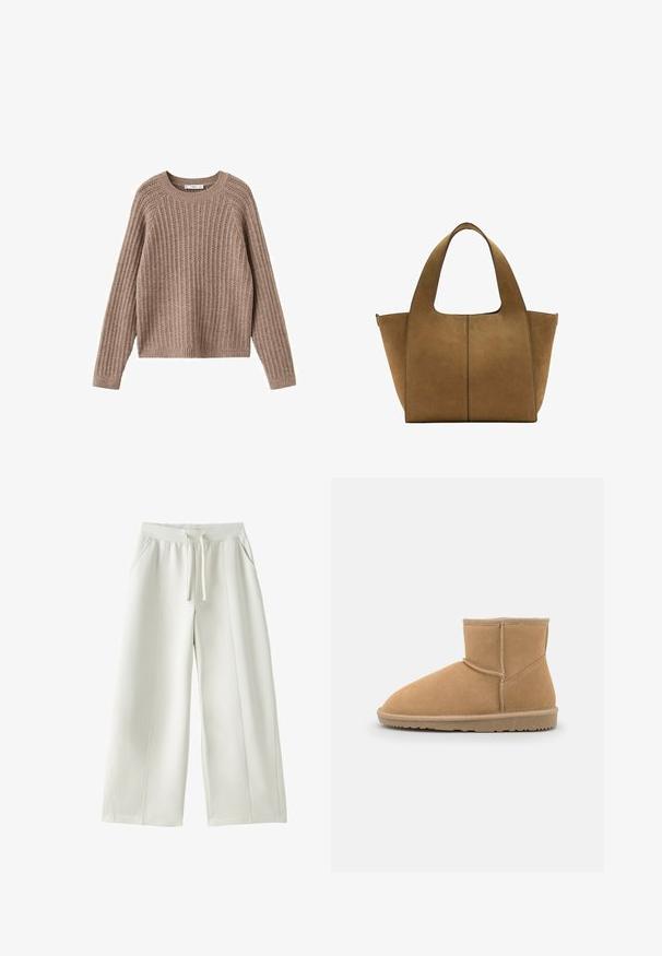 Brun ribbet sweater med lange ærmer, rund halsudskæring og en afslappet pasform. Har struktureret stof med lodrette linjer over det hele.; Hvide bukser med vide ben, elastik i taljen, snøre foran, sidelommer og synlige syninger på ensfarvet baggrund.; Brun ruskinds ankelstøvle med rund tå og polstret krave, der har kontrastsyninger og en tekstureret gummisål.; Brun ruskindshopper med brede håndtag og enkelt vertikalt syningsdetalje foran, vist mod en hvid baggrund.