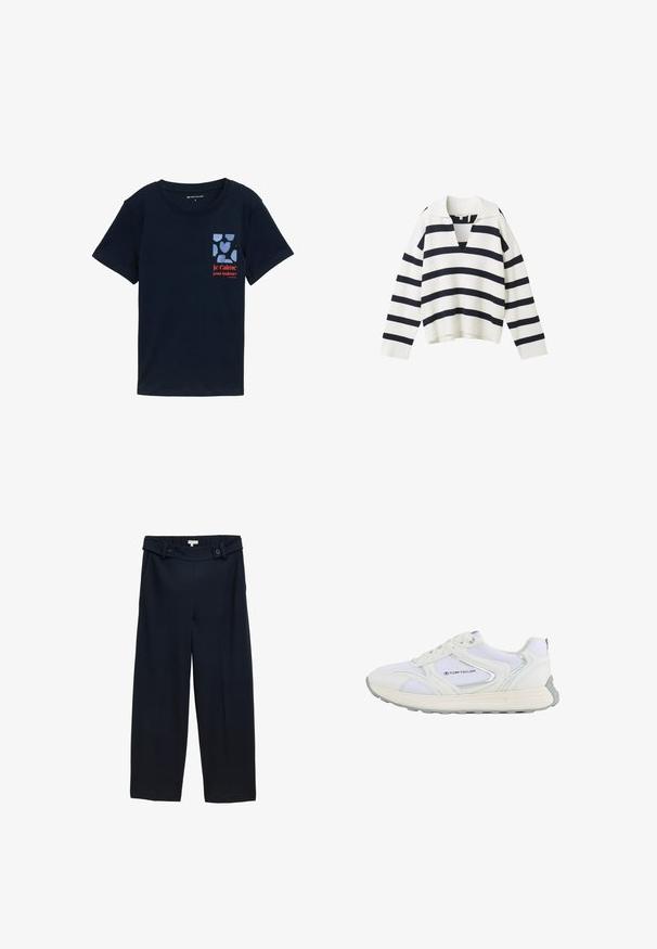 Gestreept sweater in wit en marineblauw, met een V-hals, lange mouwen, geribbelde textuur en een oversized pasvorm met een korte zoom.; Marineblauw katoenen T-shirt met korte mouwen, voorzien van een borstzakbedrukking met blauwe hartjes en rode tekst met de woorden "je t'aime pour toujours."; Marineblauwe wijde broek van een gladde stof, met een hoge taille, dubbele knoopsluiting en gestreken plooien aan de voorkant.; Witte sportschoen met een bovenwerk van mesh en synthetisch materiaal, voorzien van zilveren accenten en een gestructureerde rubberen zool, gelabeld "TOM TAILOR."