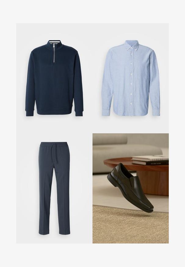 Sudadera azul marino con cuello alto y media cremallera. Fabricada con tela suave, cuenta con puños y dobladillo acanalados para un ajuste cómodo.; Camisa de botones en azul claro con rayas blancas, que presenta un cuello clásico y mangas largas. Confeccionada en tejido tejido con una textura suave.; Pantalones ligeros de color azul marino con cintura elástica y cordón, de piernas rectas y textura suave. Sin patrones ni acentos visibles.; Zapato de vestir negro de cuero tipo mocasín flotando sobre una alfombra tejida beige, con mesa de café redonda de madera y libros apilados al fondo.