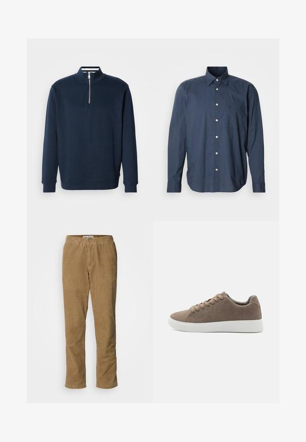 Sudadera azul marino con cuello alto y media cremallera. Fabricada con tela suave, cuenta con puños y dobladillo acanalados para un ajuste cómodo.; Camisa abotonada azul marino con mangas largas, pequeño patrón de cuadros, un bolsillo en el pecho y botones blancos sobre un fondo liso.; Pantalones de pana marrones con un diseño de pierna recta, cierre de botón y textura de nervios verticales visibles. Cintura elástica para mayor comodidad.; Zapatillas de ante marrón con suelas de goma blanca planas, diseño de cordones, punta redondeada y una textura suave. Estilo minimalista con sutiles detalles de costura.