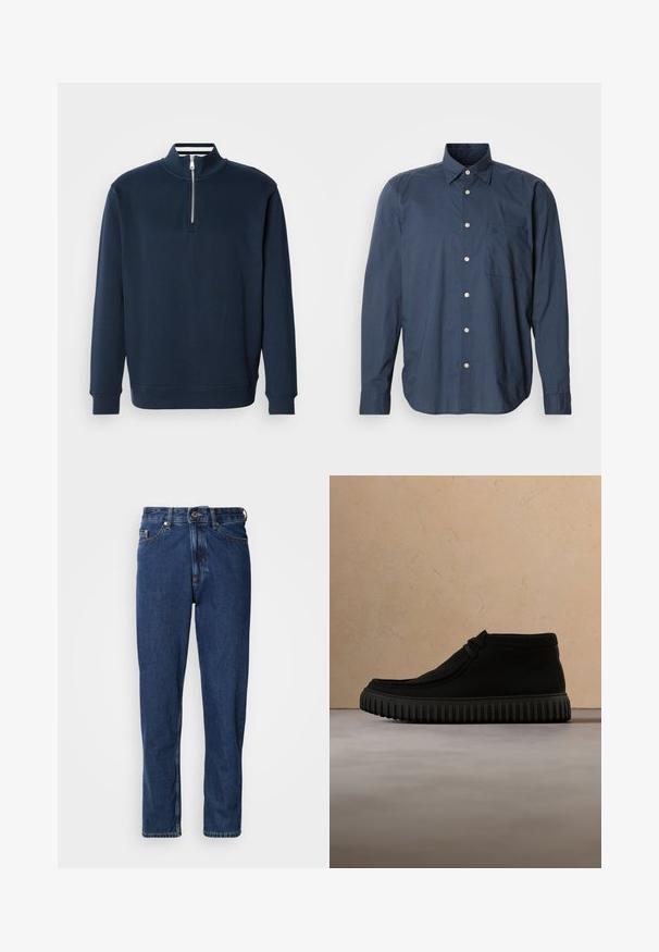 Marineblå sweatshirt med høj krave og halvlukning med lynlås. Fremstillet af blødt stof med ribstrikkede ærmeafslutninger og kant for en tætsiddende pasform.; Mørkeblå skjorte med lange ærmer, lille ternet mønster, enkelt brystlomme og hvide knapper på en ensfarvet baggrund.; Mørkeblå jeans lavet af denim, med lige ben, fem-lommer stil og synlige syninger langs sømmene.; Sorte ankelstøvler lavet af blødt materiale, med rund tå, minimal snøring og en tekstureret gummisål med lodrette riller.