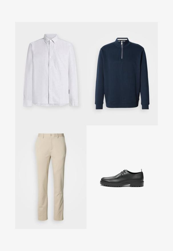 Sweat-shirt bleu marine avec un col montant et une demi-fermeture éclair. Confectionné dans un tissu doux, avec des poignets et un ourlet côtelés pour un ajustement serré.; Chemise blanche à manches longues avec un bouton-pression, une poche poitrine et un motif texturé subtil. Confectionnée dans un tissu léger, avec un col classique.; Pantalons en coton beige avec une coupe droite, fermeture à bouton et devant plat. Le matériau a une texture lisse et un minimum de détails.; Chaussures en cuir noir avec une finition lisse, bout arrondi et coutures décoratives. Elles possèdent une semelle en caoutchouc avec des rainures de traction et un laçage.