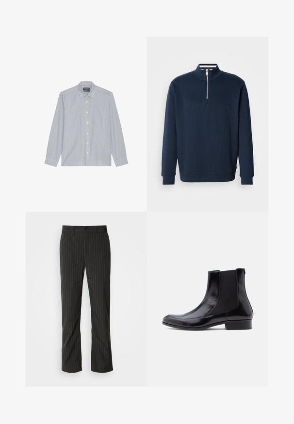 Marineblå sweatshirt med høj krave og halvlukning med lynlås. Fremstillet af blødt stof med ribstrikkede ærmeafslutninger og kant for en tætsiddende pasform.; Blå- og hvidstribet button-up skjorte med spread collar, lange ærmer og plastknapper. Blødt stof med vertikal mønsterdetalje.; Sorte skræddersyede bukser med lige snit. Har en glat tekstur, frontlukning med knap og bæltestropper.; Sorte læderankelstøvler med elastiske sidepaneler, en glat tekstur, rundet tå og lav blokhæle. Enkel, strømlinet design med minimal syning.