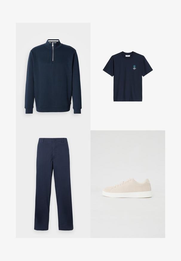 Marineblå sweatshirt med høj krave og halvlukning med lynlås. Fremstillet af blødt stof med ribstrikkede ærmeafslutninger og kant for en tætsiddende pasform.; Mørkeblå T-shirt med korte ærmer og rund hals, med lille turkis palme og hvid tekstlogo på venstre bryst.; Mørkeblå bomuldsbukser med lige ben-design, der har en frontlukning med knap, bæltestropper og en glat tekstur.; Beige ruskindsneakers med hvide gummisåler, rund tå og seks snøringshuller. Glat tekstur med minimalisk design.