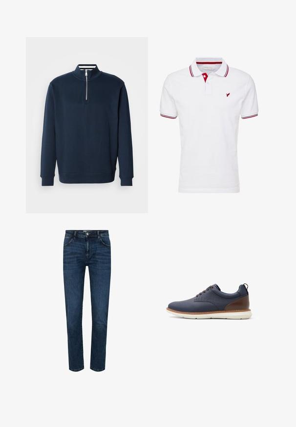 Marineblauer Pullover mit hohem Kragen und halbem Reißverschluss. Hergestellt aus weichem Stoff, mit gerippten Bündchen und Saum für eine körpernahe Passform.; Weißes Polo-Shirt mit rotem und marineblauem Besatz am Kragen und den Ärmeln. Mit kleinem roten Vogel-Logo auf der linken Brust. Aus Baumwollmaterial.; Dunkelblaue Denim-Jeans mit geradem Schnitt, Fünf-Pocket-Design und Druckknopfverschluss. Verstärkte Nähte an den Nähten und ein leichter Verblassungseffekt.; Herrenfreizeitschuh in Marineblau und Braun mit Schnürung, weißer Sohle, niedrigem Schnitt und gepolstertem Kragen, Seitenansicht.