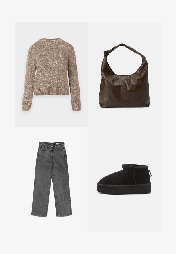 Brun strikket sweater med tekstureret mønster, rund halsudskæring og lange ærmer. Ribbet kant og manchetter. Blødt, kraftigt stof.; Højtaljede sorte vasket lige ben jeans med forlommer, bæltestropper, knaplukning og et mærkets indre taljeband.; Sorte ruskinds ankelstøvler med en rund tå, der har en forhøjet sål og en sidesløjfe for nem påtagning. Designet er enkelt med minimale detaljer.; Brun flettet lædertaske med en blød, slasket form, et enkelt håndtag og en tekstureret overflade. Den har en blød, blank finish og afrundede kanter.