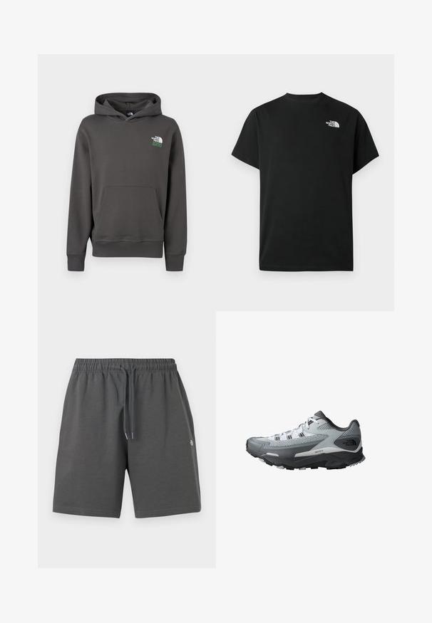 Sweat à capuche gris charbon avec poche avant et logo "The North Face 1966" sur le haut gauche de la poitrine.; T-shirt noir à manches courtes en coton. Présente un logo blanc sur le côté gauche de la poitrine. Coupe simple avec un col rond et des détails de design minimalistes.; Shorts gris en tissu doux avec une ceinture élastique et un cordon de serrage ajustable. Présentent un design simple sans poches ni motifs.; Chaussure de trail running avec un schéma de couleurs gris et noir, tige en mesh, semelle robuste et accents texturés pour une meilleure adhérence.