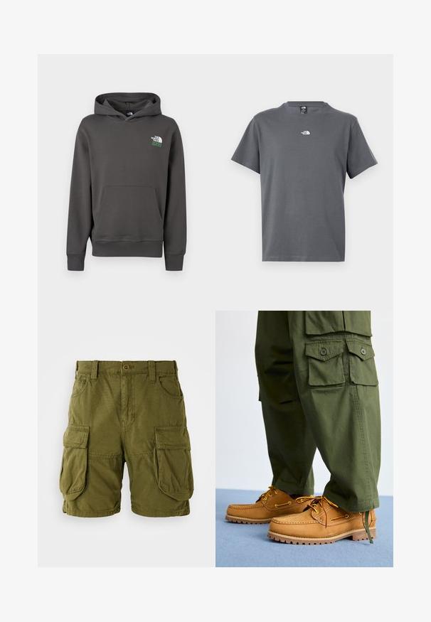 Hoodie in antracietgrijs met zak aan de voorkant en het logo "The North Face 1966" op de bovenste linkerborst.; Grijs T-shirt met korte mouwen en ronde hals, met een klein wit The North Face-logo gecentreerd op de borst.; Olijfgroene cargo shorts van katoenmix. Voorzien van twee grote zijzakken en een knoopsluiting met riemlussen. Glad textuur.; Timberland AUTHENTIC 3 EYE - Bootschoenen - wheat