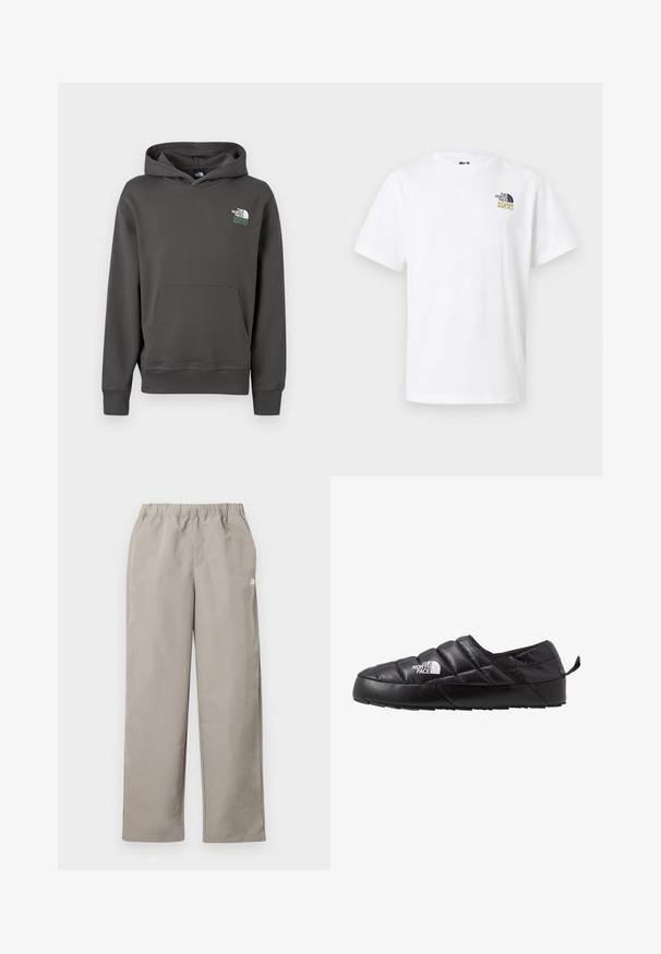 Sweat à capuche gris charbon avec poche avant et logo "The North Face 1966" sur le haut gauche de la poitrine.; T-shirt blanc à manches courtes avec col rond et petit logo noir et or The North Face 1966 sur la poitrine en haut à gauche.; Pantalon beige à jambe droite avec une ceinture élastique et un petit logo blanc sur la couture latérale droite.; Chaussure noire à enfiler avec un design matelassé, fabriquée en matériau rembourré. Elle présente une semelle en caoutchouc texturée et une petite languette à l'arrière.