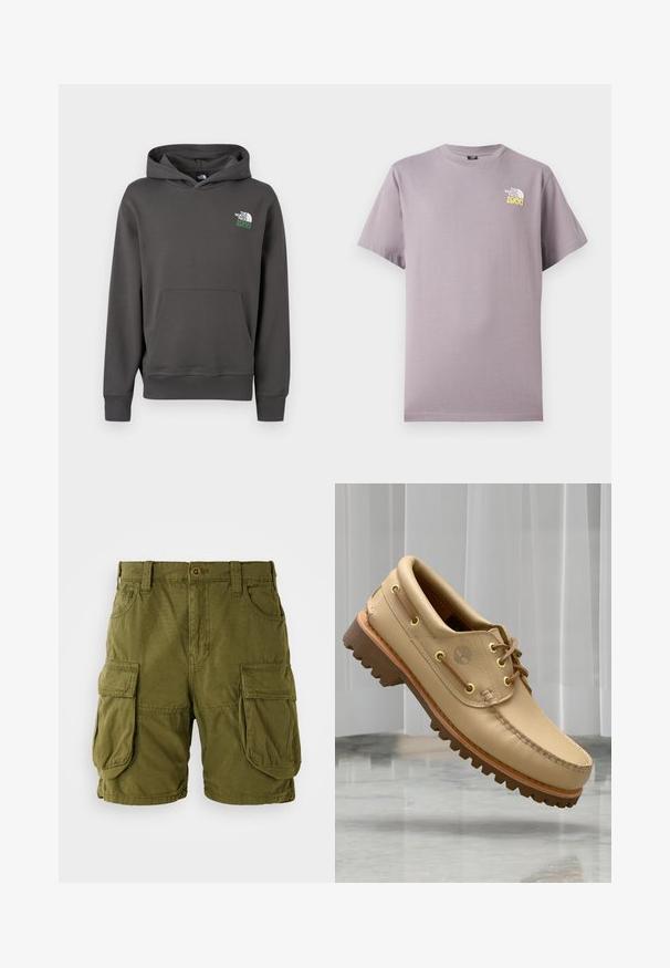 Sudadera con capucha gris carbón con bolsillo delantero y logo "The North Face 1966" en la parte superior izquierda del pecho.; Camiseta de manga corta de color púrpura claro con el logo de The North Face y el número 2966 en amarillo en el pecho izquierdo.; Pantalones cortos cargo color verde oliva, confeccionados en una mezcla de algodón. Cuentan con dos grandes bolsillos laterales y un cierre de botón con trabillas para cinturón. Textura suave.; Zapato náutico de cuero marrón claro con suela gruesa y estriada y detalles de cordones, flotando sobre un suelo de mármol y un fondo de persianas verticales blancas.