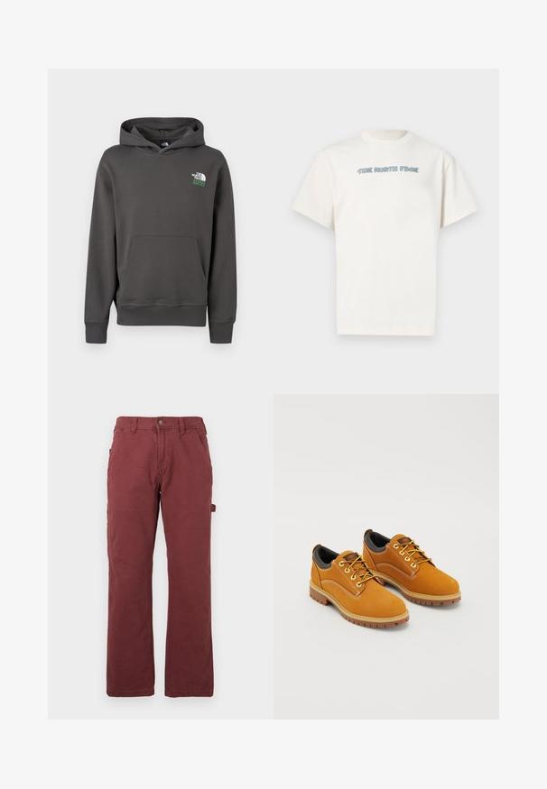Kohlefarbener Kapuzenpullover mit Vordertasche und "The North Face 1966"-Logo auf der oberen linken Brustseite.; Weißes T-Shirt mit kurzen Ärmeln und Rundhalsausschnitt, mit kleinem blauen "The North Face"-Schriftzug in Bubble-Buchstaben, mittig auf der Brust.; Herren Arbeitshose im geraden Schnitt in Dunkelrot mit Fronttaschen, Gürtelschlaufen, Knopf, Reißverschluss und einer seitlichen Werkzeugschlaufe.; Braune Wildlederschuhe mit einer runden Zehenpartie, gelben Schnürsenkeln, einem gepolsterten schwarzen Kragen und Gummisohlen mit Rillen für besseren Halt.