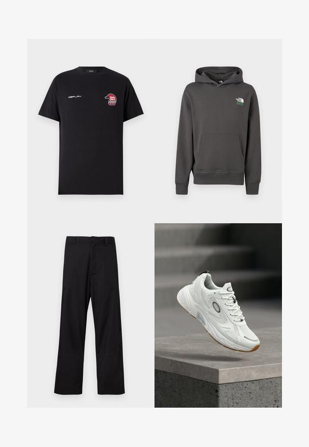 Söetumehall tööpussiga kapuutsiga dressipluus, ees tasku ja "The North Face 1966" logo vasaku rinna ülaosas.; Replay SHORT SLEEVE GRAPHIC - Trükipildiga T-särk - black; Mustad sirge säärega püksid nööpide ja tõmblukuga, vööaugud, esitatud lamades heledal taustal.; Valge FILA toss, millel on võrgust ja nahast detailid, valged paelad ja pruun tallal, hõljumas betoonist äärelaua kohal, taustal trepid.