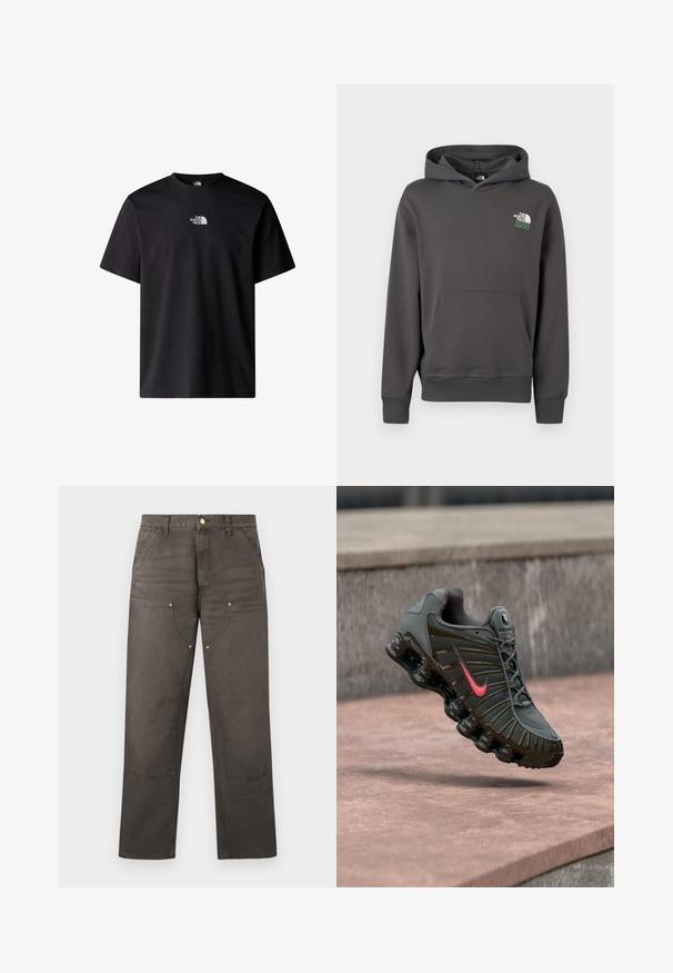 Tmavosivá mikina s kapucňou z uhlíkovo sivej farby s predným vreckom a logom "The North Face 1966" na ľavej hornej časti hrudníka.; Čierne bavlnené tričko s krátkymi rukávmi a okrúhlym výstrihom. Na prednej strane sa nachádza malé biele logo "The North Face."; Hnedé pracovné nohavice s priamym strihom, vystuženými nákolienkami, prednými vreckami, pútkami na opasok a zapínaním na gombík.; Tmavosivá bežecká obuv Nike s červeným logom Swoosh a členitou odpruženou podrážkou visí nad kamennými schodmi.