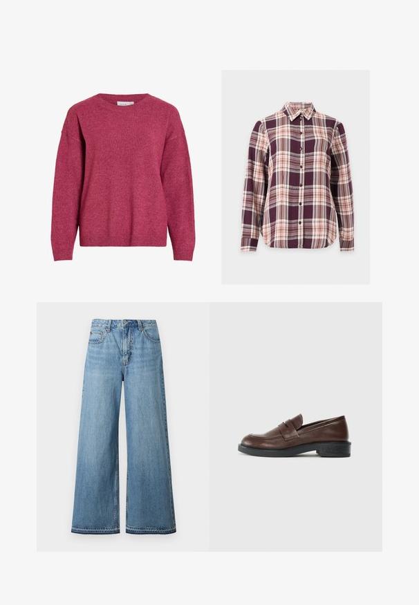 Pull à manches longues avec col rond en rose foncé chiné, poignets et ourlet côtelés, tissu en maille douce, coupe décontractée.; Chemise à manches longues boutonnée avec motif à carreaux violet, rose et marron et col pointu sur fond blanc.; Jean en denim bleu clair taille haute avec jambes larges, fermeture avant par bouton et fermeture éclair, et design à cinq poches.; Mocassins en cuir marron avec un bout arrondi, présentant une sangle décorative sur le dessus, et un talon bas en caoutchouc noir texturé.