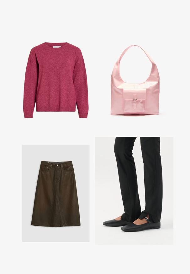 Langærmet crewneck-trøje i meleret mørkerød, med ribkant ved ærmer og kant, blødt strikket stof, afslappet pasform.; Brun denim A-formet nederdel med høj talje, frontslids, kobbernitter og tonede syninger. Glat tekstur, knælængde design.; Ben iført sorte smalle bukser med forreste slidser ved kanten, parret med sorte flade Mary Jane-sko med lille spænde.; Lyserød håndtaske med en blank finish, stor skulderrem, forlommer med dekorativ spænde detalje. Glat tekstur, minimalistisk design.