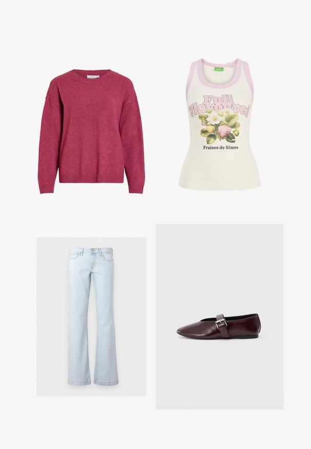 Pull à manches longues avec col rond en rose foncé chiné, poignets et ourlet côtelés, tissu en maille douce, coupe décontractée.; Débardeur crème avec bordure rose, texte « Full Flavoured » et illustration de fraises et de fleurs blanches avec texte en français en dessous.; Jean en denim bleu clair taille haute avec poches avant, fermeture par boutons et jambes évasées larges.; Ballerines en cuir bordeaux avec un bout pointu, une semelle plate et une sangle décorative avec boucle sur le cou-de-pied. Texture lisse et brillante.