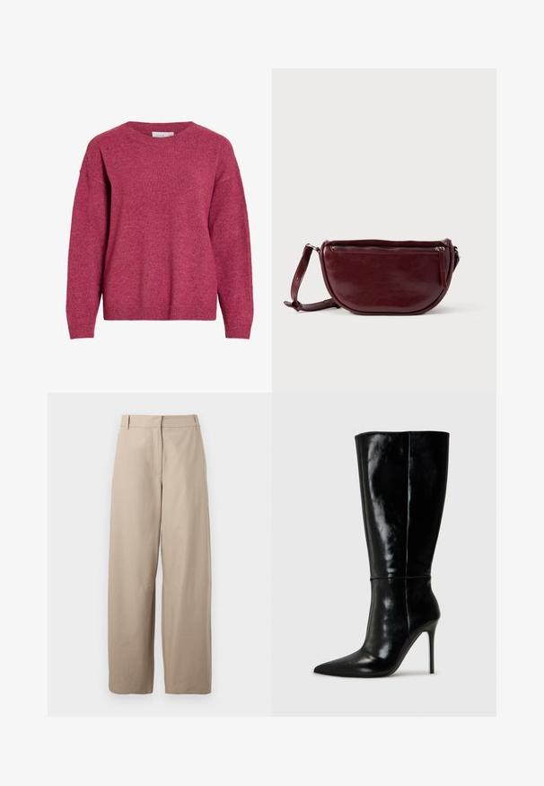Pull à manches longues avec col rond en rose foncé chiné, poignets et ourlet côtelés, tissu en maille douce, coupe décontractée.; Pantalons larges beiges en coton. Caractéristiques : devant plat, deux poches latérales et texture lisse. Design simple et fonctionnel.; Bottes noires en cuir, hautes jusqu'au genou, avec un bout pointu et un talon aiguille haut. Texture lisse et design épuré, avec un minimum de détails.; Sac à main en cuir marron foncé avec une forme en demi-lune, une fermeture éclair et une bandoulière amovible. Texture lisse avec un léger éclat.