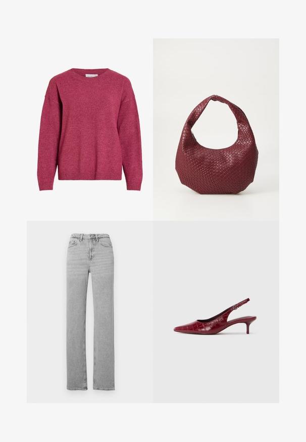 Langærmet crewneck-trøje i meleret mørkerød, med ribkant ved ærmer og kant, blødt strikket stof, afslappet pasform.; Lysegrå straight-leg denim jeans med frontknap og lynlås, bæltestropper og fem-lomme-design.; Bordeaux læder slingback pumpe med krokodillestruktur, spidse tæer, justerbar spænde rem og lav kitten hæl på en hvid baggrund.; Vævet bordeaux håndtaske med en rund silhuet, et enkelt håndtag og en tekstureret overflade. Lynlåslukning øverst.