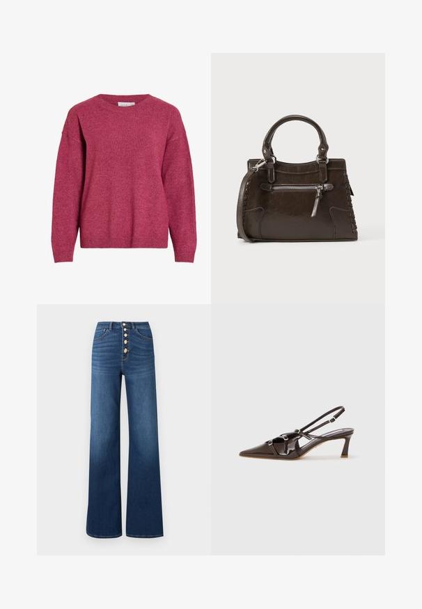 Langærmet crewneck-trøje i meleret mørkerød, med ribkant ved ærmer og kant, blødt strikket stof, afslappet pasform.; ONLY ONLMADISON BLUSH BUT WIDE - Jeans Relaxed Fit - medium blue denim; Brune patenteret læder slingback hæl med spids tå, justerbare stropper og dekorative spænder foran. 3-tommers hælhøjde.; Brun læderhåndtaske med top-håndtag, lynlåslomme foran og vævede detaljer på siderne. Glat tekstur og struktureret form.