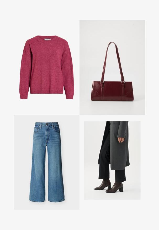 Pull à manches longues avec col rond en rose foncé chiné, poignets et ourlet côtelés, tissu en maille douce, coupe décontractée.; Jean bleu taille haute à jambes larges avec bouton et fermeture éclair à l'avant, passants de ceinture et style cinq poches sur fond blanc.; Bottines à talons hauts en cuir marron foncé avec un bout pointu et un talon carré, associées à un pantalon noir et un manteau gris.; Sac à main bordeaux en matériau brillant, de forme rectangulaire, avec deux anses et des accents légèrement courbés à l'avant.