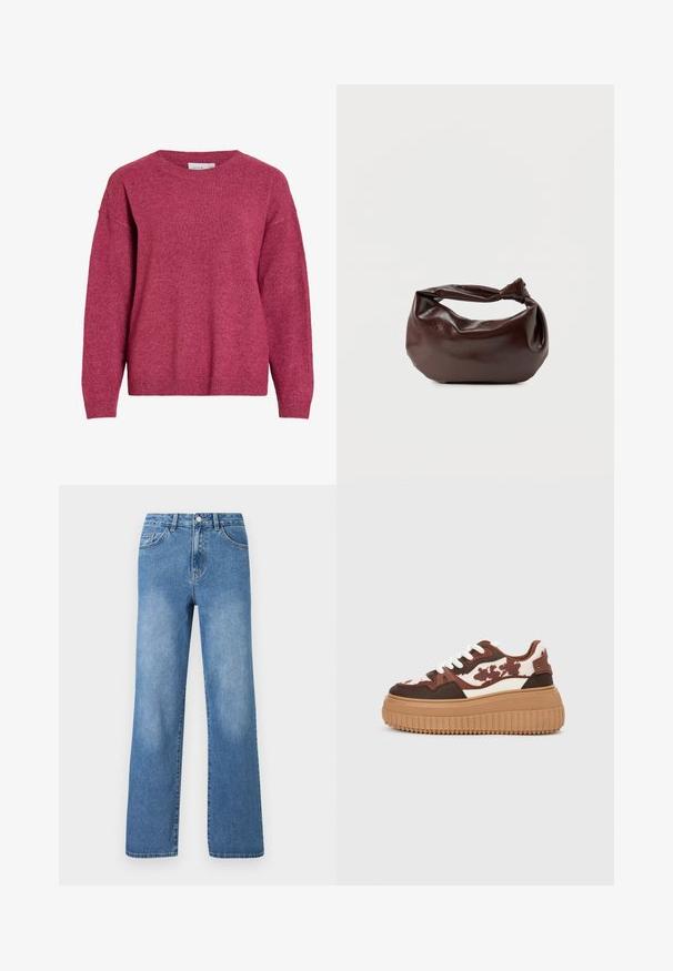 Trui met lange mouwen en ronde hals in gemêleerd donkerroze, geribbelde boorden en zoom, zachte gebreide stof, losse pasvorm.; Lichtblauwe denim jeans met een hoge taille, wijde pijpen, vijf zakken en zichtbare stikseldetails. Gladde textuur met lichte vervaging.; Platform sneakers met een bruin en crèmekleurig camouflagepatroon, contrasterende tan zolen en witte veters. De bovenkant heeft gemengde materialen en texturen.; Donkerbruine leren schoudertas met een zachte, slungelige vorm en een gedraaide knoopvormige handgreep op een effen witte achtergrond.