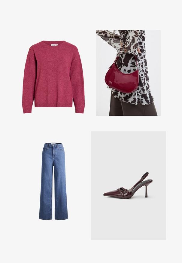 Langärmliger Rundhalspullover in meliertem Dunkelpink, mit gerippten Bündchen und Saum, weichem Strickstoff, legerer Passform.; Helleblaue Denim-Weite-Leg-Jeans mit hoher Taille, zwei vorderen Taschen und sichtbarer Naht. Mit Knopf- und Reißverschluss.; Bordeauxroter Slingback-Pumps aus Lackleder mit spitz zulaufender Vorderkappe, dünnem Knöchelriemen und kleiner dekorativer Schnalle. Glatte Textur und hoher Absatz.; Frau trägt eine schwarz-weiß gemusterte Bluse und hält eine glänzende rote Schultertasche vor einem einfarbigen Hintergrund.