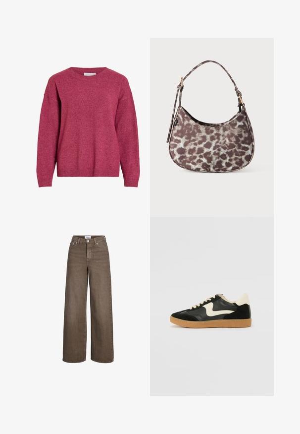 Langærmet crewneck-trøje i meleret mørkerød, med ribkant ved ærmer og kant, blødt strikket stof, afslappet pasform.; Brune højttaljede viddebenjeans med frontknap og lynlås, for- og baglommer samt bæltestropper.; Sorte ruskinds- og lædersneakers med en cremefarvet side-swoosh og lys cremefarvet hæl. Har beige snørebånd og en gummirubber-sål.; Lille håndtaske med mørkebrun og lys beige dyreprintmønster samt kort skulderrem på hvid baggrund.