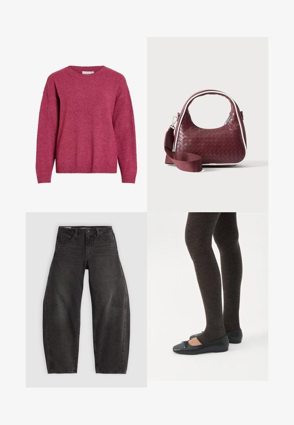 Langærmet crewneck-trøje i meleret mørkerød, med ribkant ved ærmer og kant, blødt strikket stof, afslappet pasform.; Sorte denim jeans med en afslappet pasform, der har fem lommer, knaplukning og subtil fading. Stoffet har en glat, robust tekstur.; Ben iført mørke ribbede leggings kombineret med sorte balletsko med små sløjfedetaljer på hvid baggrund.; Mørkerød vævet lædertaske med buet hank, hvid kant, sølv lynlås og aftagelig bred stofskulderrem mod en ensfarvet baggrund.