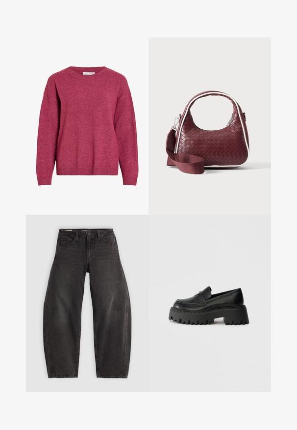 Trui met lange mouwen en ronde hals in gemêleerd donkerroze, geribbelde boorden en zoom, zachte gebreide stof, losse pasvorm.; Zwarte denim jeans met een relaxed fit, voorzien van vijf zakken, een knoopsluiting en subtiele vervaging. De stof heeft een soepele, stevige textuur.; Zwarte leren instapper met een dikke, robuuste rubberen zool met een getande rand en een enkele decoratieve hardware-accent op de bovenkant.; Donkerrode geweven leren handtas met gebogen handvat, witte bies, zilveren rits en afneembare brede stoffen schouderriem tegen een effen achtergrond.
