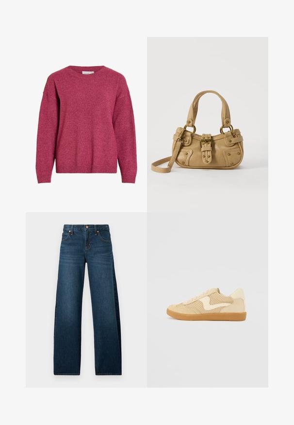 Pull à manches longues avec col rond en rose foncé chiné, poignets et ourlet côtelés, tissu en maille douce, coupe décontractée.; Jean en denim bleu foncé à coupe droite avec cinq poches et rivets en cuivre, présenté sur un fond blanc.; Sneaker beige avec des matériaux en daim et en maille, forme arrondie, col rembourré proéminent et semelle en caoutchouc gomme. Présente un accent de design en forme de vague.; Sac à main en cuir beige avec double poignées, boucle en laiton et détails rivetés, ainsi qu'une bandoulière réglable sur fond blanc.