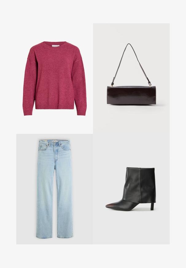Suéter de cuello redondo de manga larga en rosa oscuro jaspeado, puños y dobladillo acanalados, tela de punto suave, ajuste relajado.; Jeans de denim azul claro con corte recto, que cuentan con cinco bolsillos, un cierre de cremallera clásico y costuras visibles.; Botín negro de piel lisa con punta afilada y tacón cónico. La parte superior presenta un diseño ligeramente fruncido.; Bolso rectangular de cuero negro con una sola correa larga y acabado brillante, exhibido sobre un fondo blanco liso.