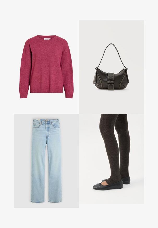 Pull à manches longues avec col rond en rose foncé chiné, poignets et ourlet côtelés, tissu en maille douce, coupe décontractée.; Jean en denim bleu clair avec une coupe droite, comportant cinq poches, une fermeture éclair classique et des accents de couture visibles.; Jambes portant des leggings côtelés foncés associés à des ballerines noires avec de petits détails en nœud sur fond blanc.; Sac à épaule en cuir noir avec une sangle à boucle, des bords arrondis et des coutures blanches contrastées sur un fond uni.