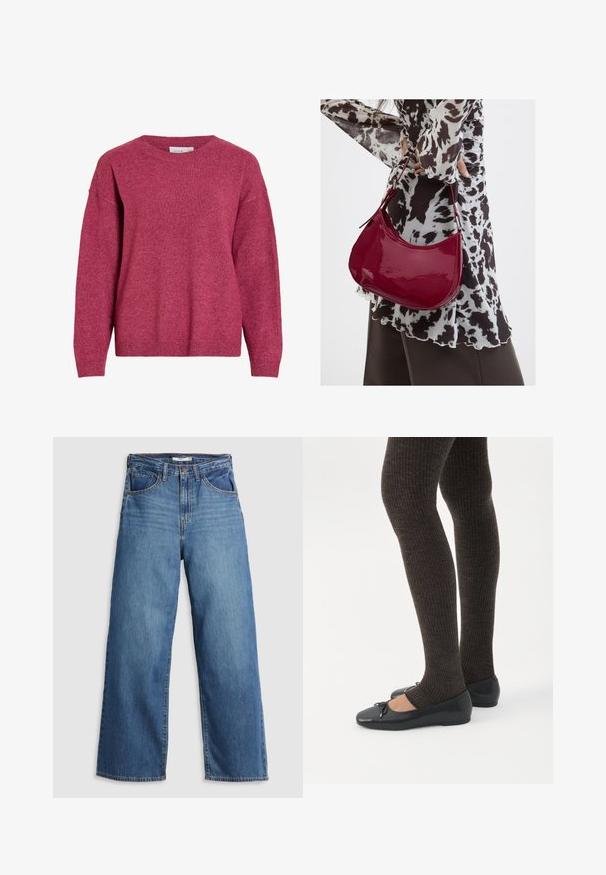 Suéter de cuello redondo de manga larga en rosa oscuro jaspeado, puños y dobladillo acanalados, tela de punto suave, ajuste relajado.; Jeans de mezclilla azul de pierna ancha con cintura alta, que cuentan con cinco bolsillos, costuras en contraste y cierre de cremallera.; Piernas con leggings oscuros acanalados combinados con bailarinas negras que presentan pequeños detalles de lazo sobre un fondo blanco.; Mujer con blusa de estampado en blanco y negro sosteniendo un bolso de hombro rojo brillante sobre un fondo liso.